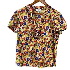 Ann Taylor LOFT Petites Medium Floral Ruffle Blouse Y2K Cottagecore Cotton Top